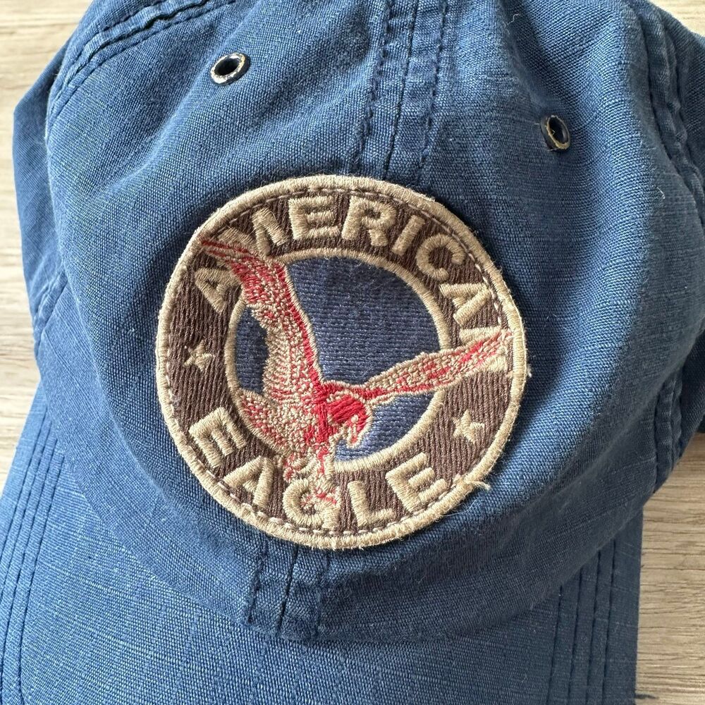 American Eagle Outfitters AEO Blue & Brown Distressed Patch Ball Cap Hat - Picture 3 of 8